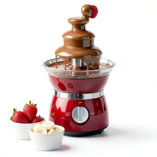 OVENTE 3 Tier Chocolate Fondue Fountain Machine, Stainless Steel Electric Mini Choco Warmer for Parties, Melts Cheese, Liqueurs, Dip Strawberries, Apple Wedges, Vegetables, Candy and More, Red CFS73R-7