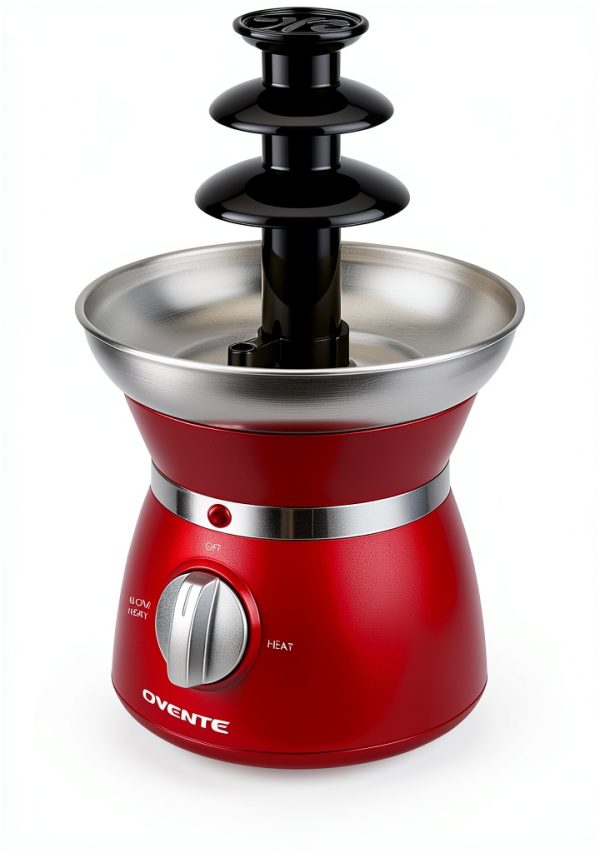 OVENTE 3 Tier Chocolate Fondue Fountain Machine, Stainless Steel Electric Mini Choco Warmer for Parties, Melts Cheese, Liqueurs, Dip Strawberries, Apple Wedges, Vegetables, Candy and More, Red CFS73R-8