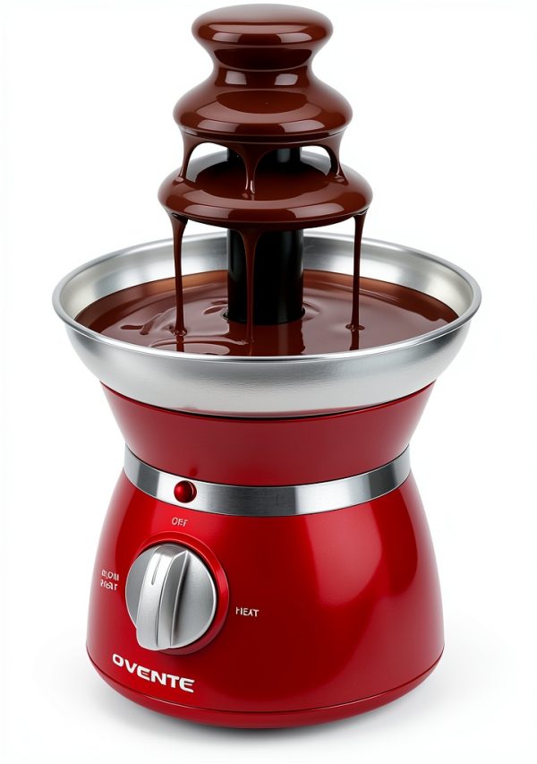 OVENTE 3 Tier Chocolate Fondue Fountain Machine, Stainless Steel Electric Mini Choco Warmer for Parties, Melts Cheese, Liqueurs, Dip Strawberries, Apple Wedges, Vegetables, Candy and More, Red CFS73R-0