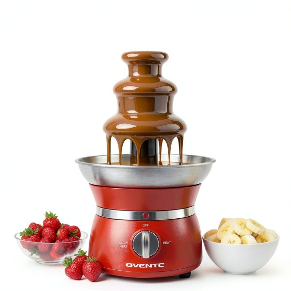 OVENTE 3 Tier Chocolate Fondue Fountain Machine, Stainless Steel Electric Mini Choco Warmer for Parties, Melts Cheese, Liqueurs, Dip Strawberries, Apple Wedges, Vegetables, Candy and More, Red CFS73R-5